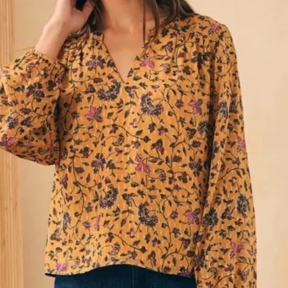 Faherty Silk Cotton Sage Wood V-Neck Blouse - Mustard and Purple Size Small